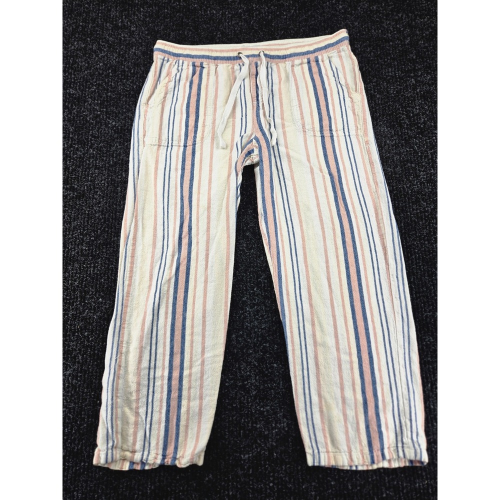 Juniper + Lime Striped Linen Blend Drawstring Pants Blue Coral Cream Womens M